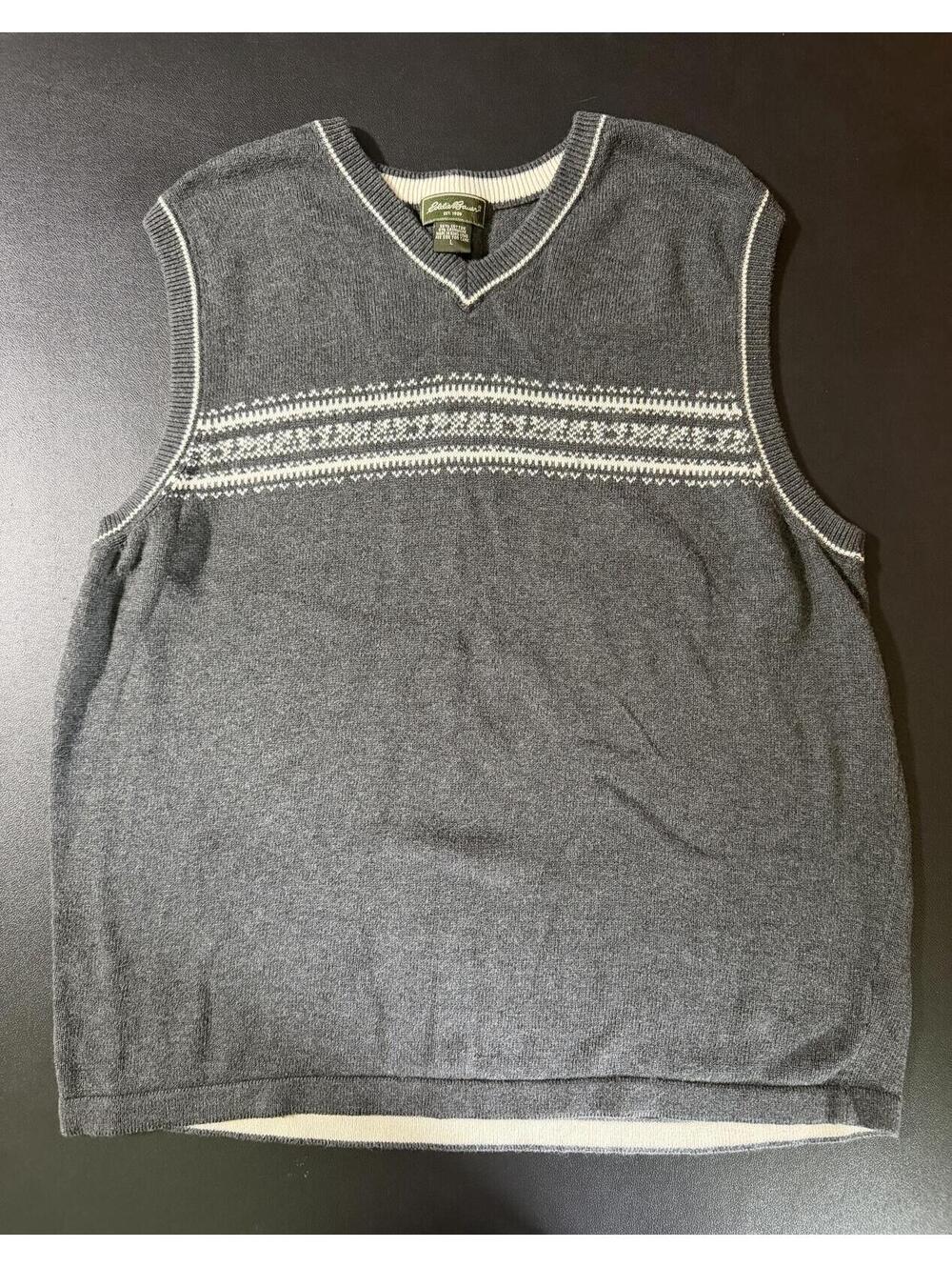 Eddie Bauer Gray Cotton Cashmere Sweater Vest Large V-Neck Fair Isle Pattern‎